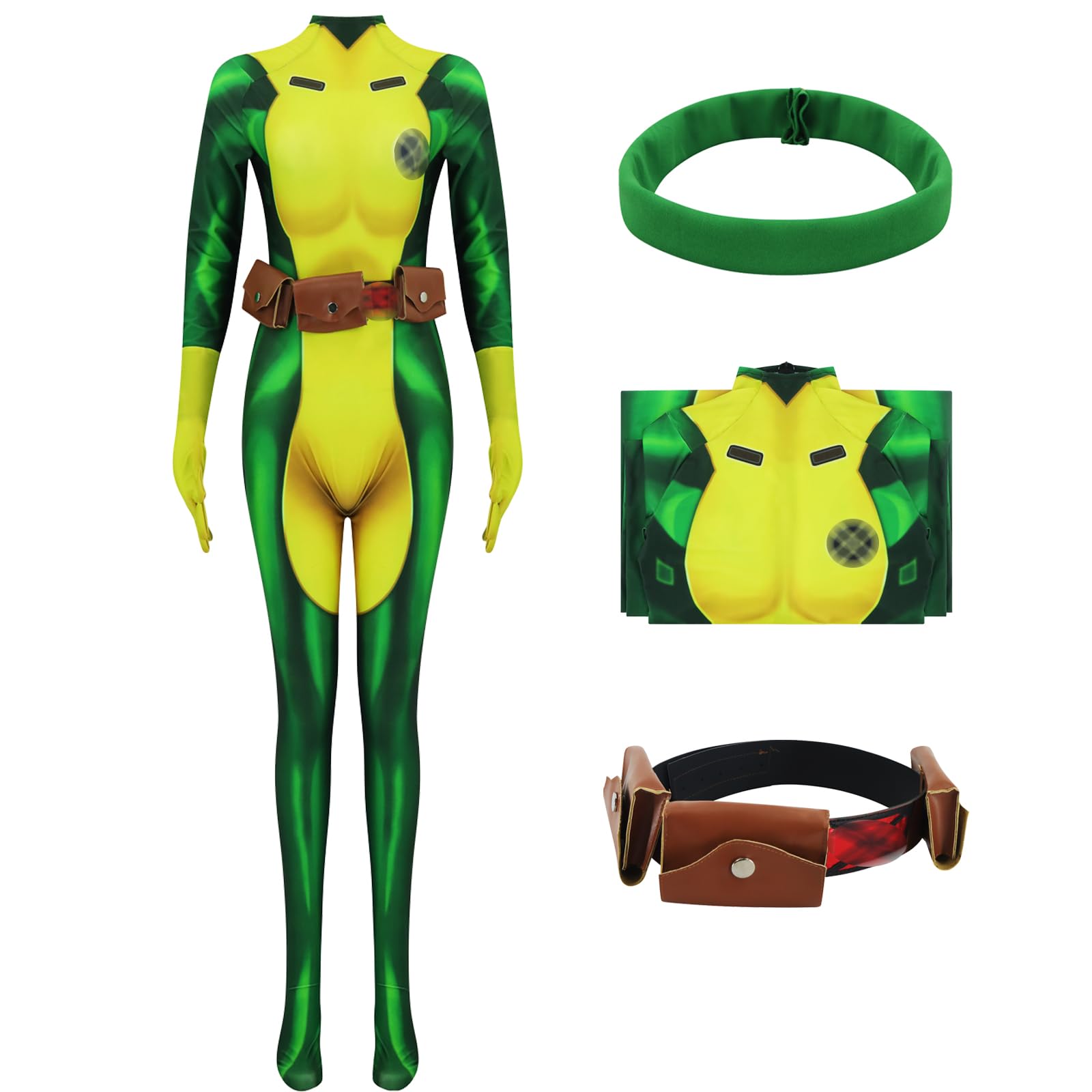 AYYOHON Rogue Cosplay Costume Superhero Rogue Green Bodysuit Women Rogue Zentai Jumpsuit for Adult Halloween Outfits L