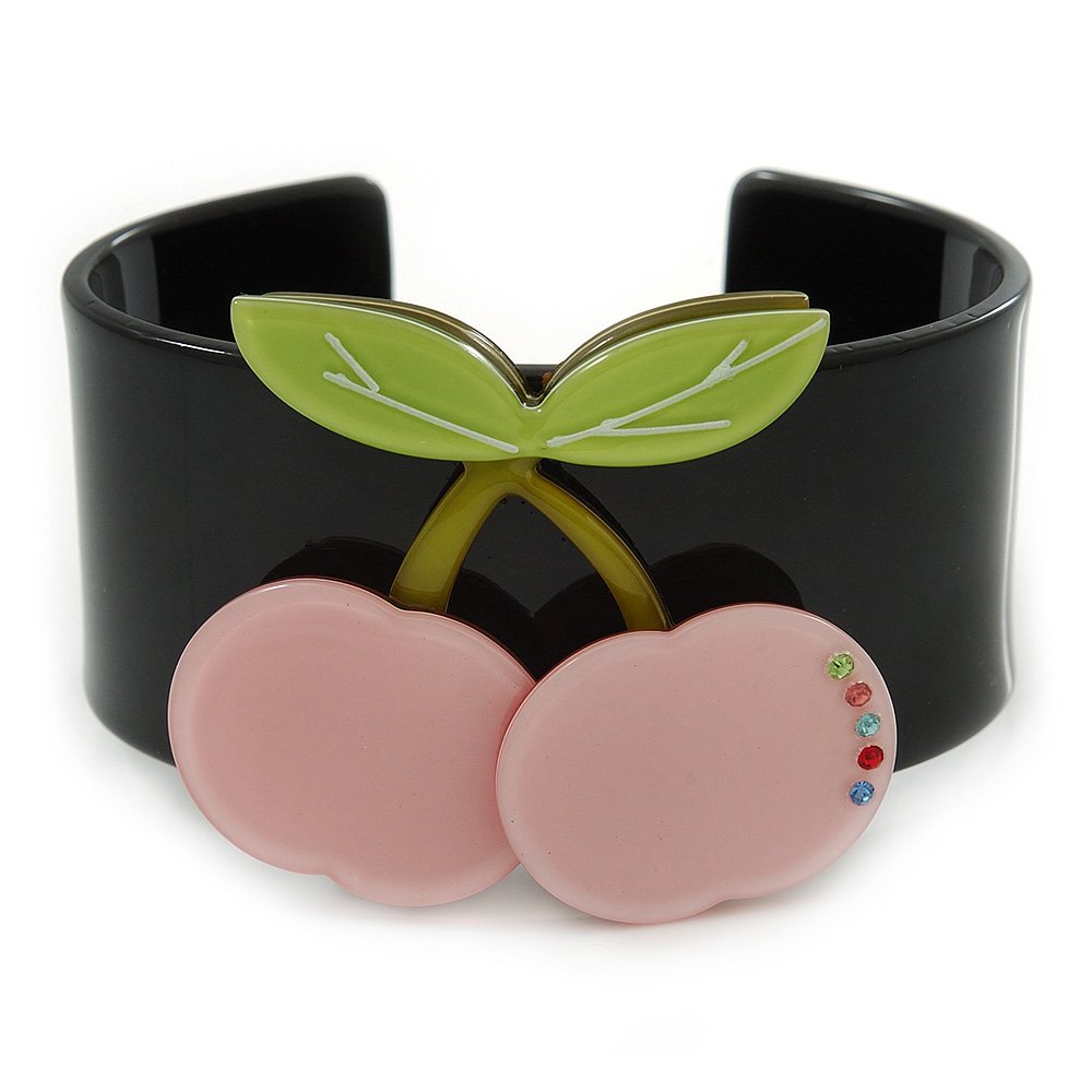 Avalaya Black, Light Green, Pink Crystal Cherry Acrylic Cuff Bracelet - 19cm L
