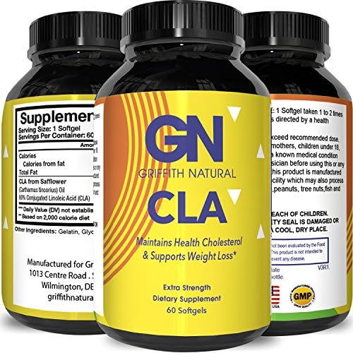 Griffith Natural Conjugated Linoleic Acid Supplement for Men Women 1000 mg Pure CLA Safflower Oil Weight Loss Pills Boost Metabolism Burn Belly Fat Build Muscle Fast 60 Capsules