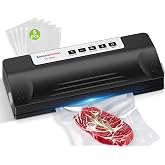 Bonsenkitchen Vacuum Sealer Machine for Food Storage,Black-Silver | Multi-Functional Food Sealer, 65kPa Suction, External Vacuum System , Compact Design with 5 Vacuum Bags