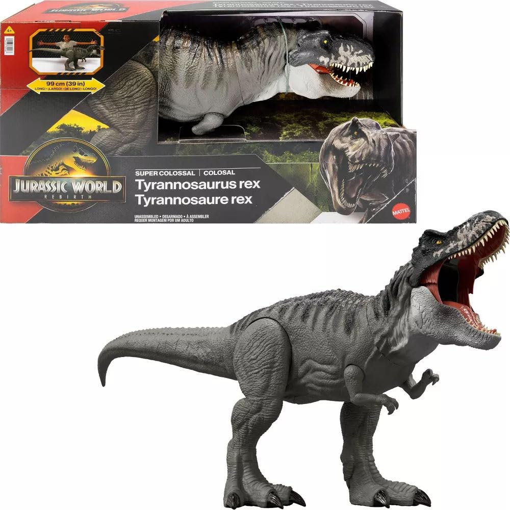 Photo 1 of Mattel Jurassic World Rebirth Super Colossal Tyrannosaurus Rex Action Figure, T-Rex Dinosaur Toy Swallows Minis, Movie-Accurate Posable