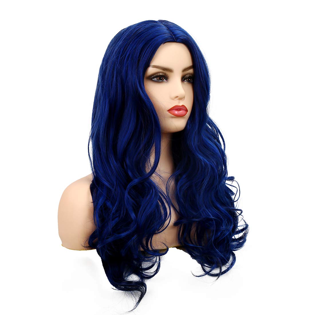 Sallcks Womens Long Curly Wavy Blue Wigs Synthetic Fiber Replacement Full Wigs with Wig Cap
