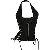 Floerns Women's Y2k Lace Up Halter Top Zip Up Deep V Neck Sleeveless Going Out Fall Fashion Tops