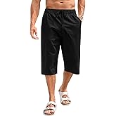 Fommykin Men's Cotton Linen Capri Pants Baggy Harem Drawstring Yoga Beach Pants with Pockets