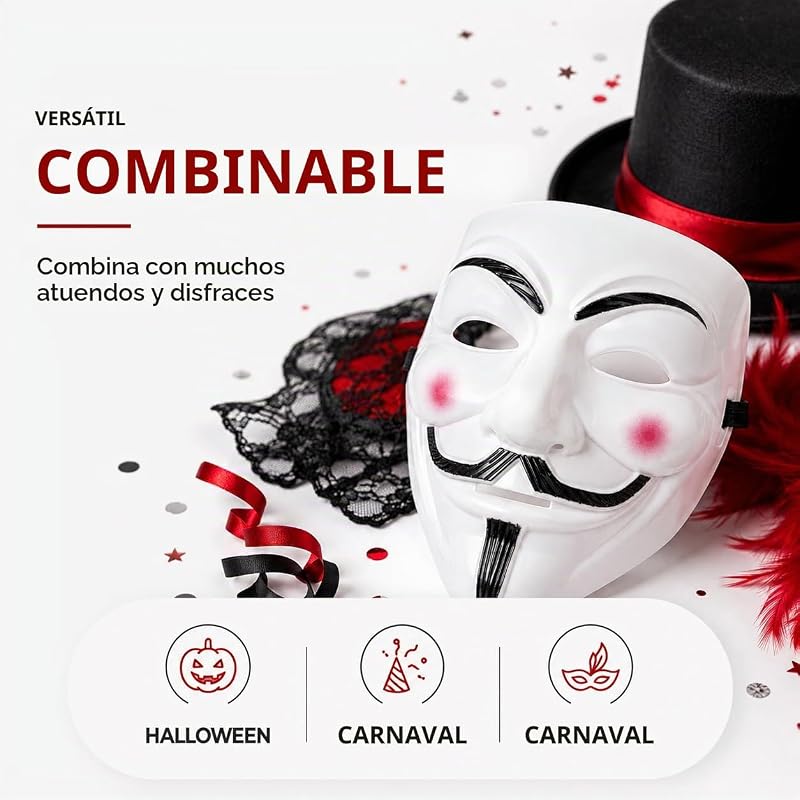 Máscara de Vendetta como Acessório de Fantasia para Homens, Mulheres, Crianças e Adultos para o Carnaval e Anónimos — foto 7 de 8
