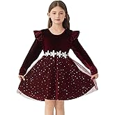 Lupieiae Toddler Velvet Dress Sleeves Girls Long Sleeve Christmas Dress with with Floral Waist Size 3-8 Years