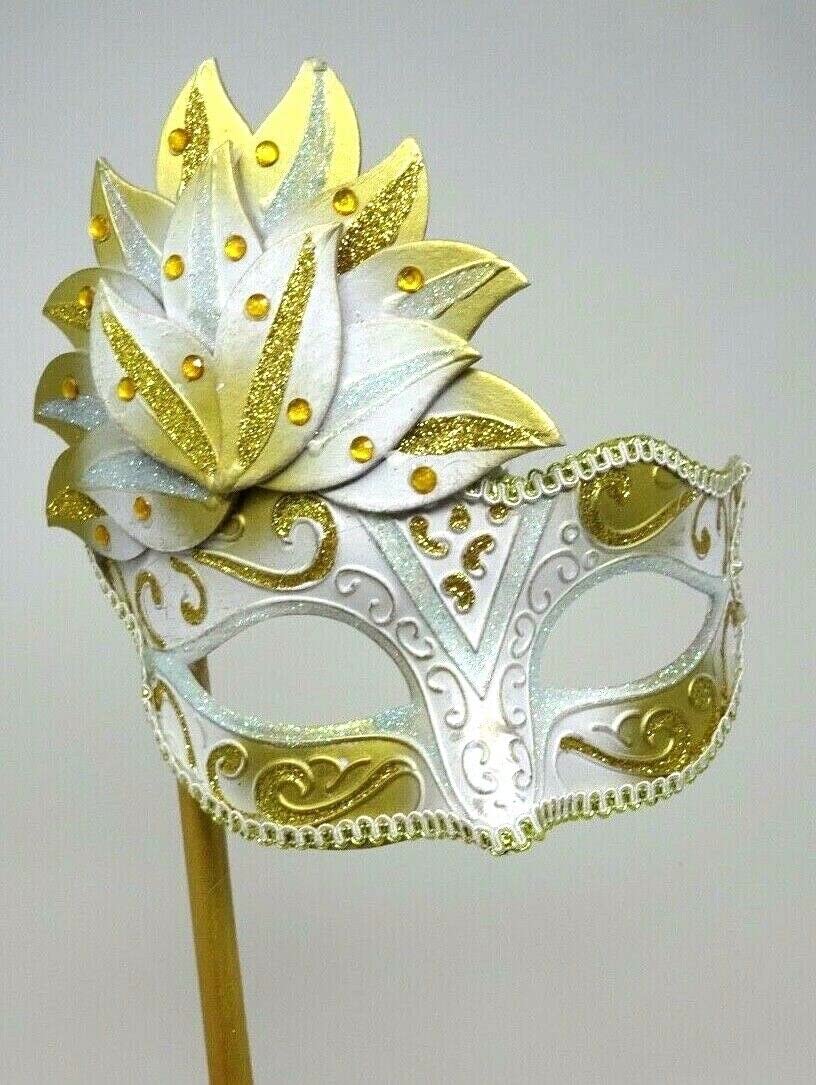 Mask LADIES WHITE & GOLD JEWELLED VENETIAN MASQUERADE CARNIVAL PARTY EYE BALL MASK HAND HELD ON A WOODEN STICK, 17cm Deep exc Stick