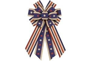 HEUREPPY Large Patriotic Wreath Bows 4th of July Decor Bows for Wreath America Flag Brown Strips Burlap Bows for Veterans Day Independence Day Front Door Indoor Outdoor Tree Topper Decoration Party Supplies