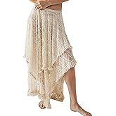 Yimoon Lace Skirts for Women Flowy Boho Maxi Skirt Elastic Asymmetrical Layered See-Through Long Skirt