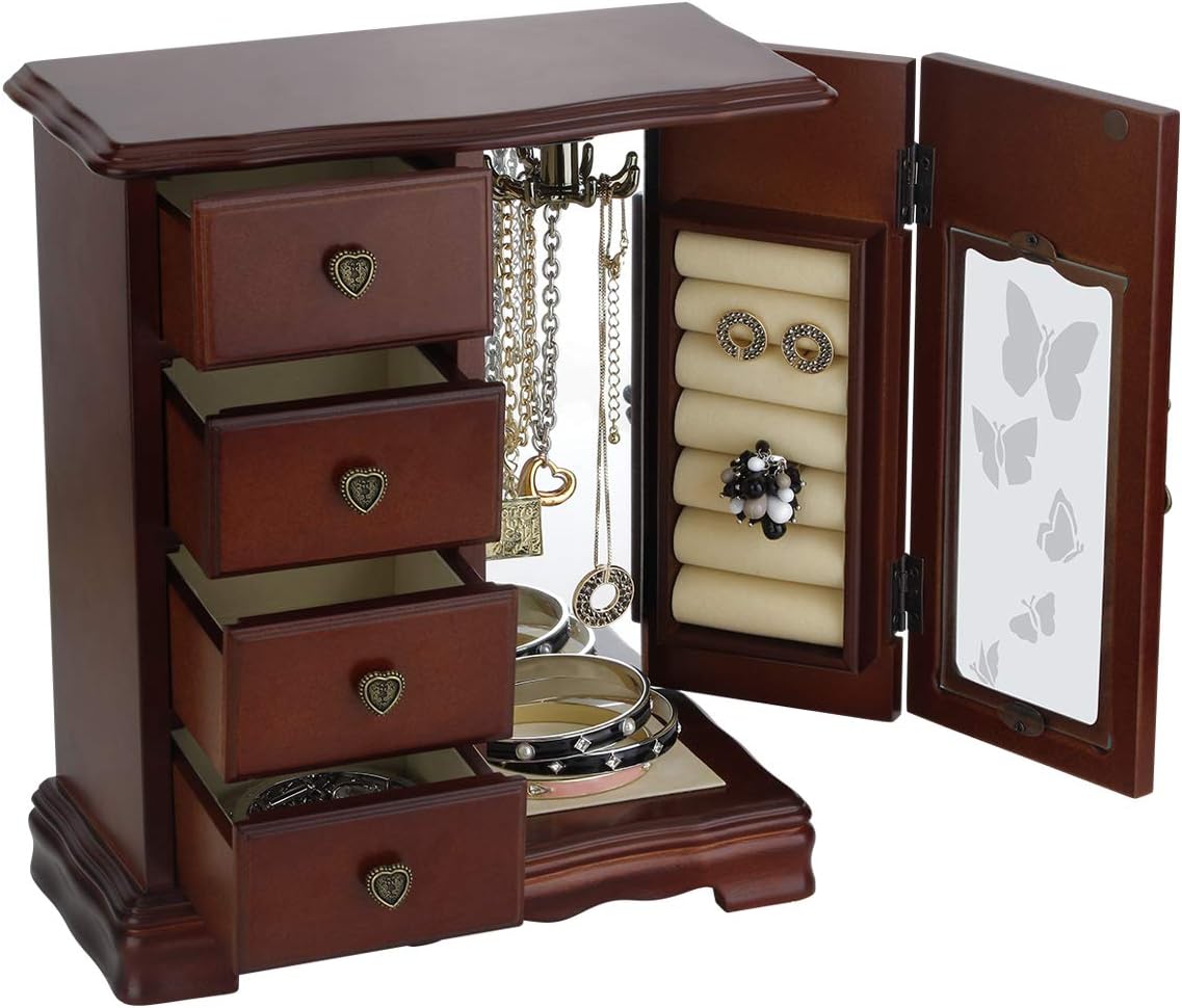 Solid Wooden Jewelry Box Makeup and Organizer Women Ring Storage with 4-Drawers Built-in Necklace Carousel and Mirror Brown: Home Improvement