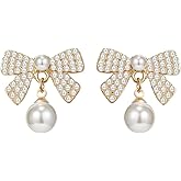 coadipress Christmas Pearl Bow Earrings for Women Fashion Sparkle Rhinestone Bow Earrings Cute Red Pearl Bow Dangle Drop Earrings Christmas Decorations Jewelry Gifts