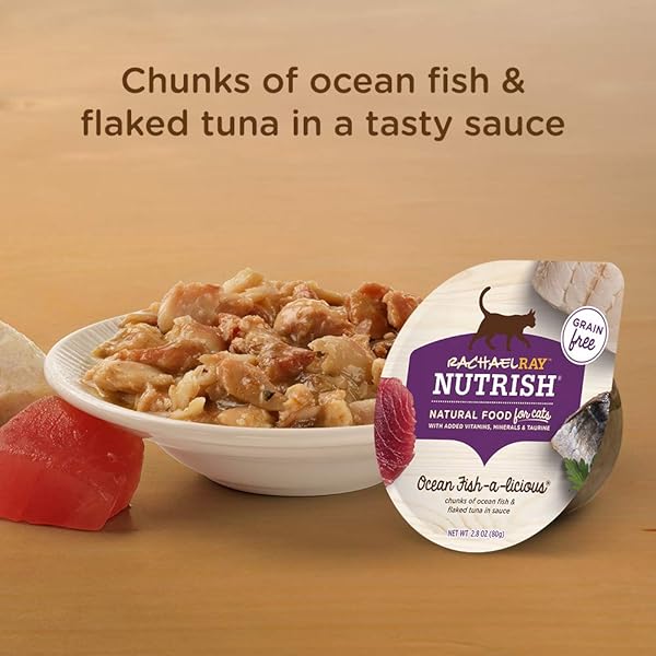 NUTRISH GRAIN FREE WET CAT FOOD OCEAN FISH-A-LICIOUS WHOLE HEALTH BLEND WITH REAL FLAKED OCEAN FISH & TUNA IN SAUCE, 2.8 OZ. CUP (RACHAEL RAY) (PACK OF 12)