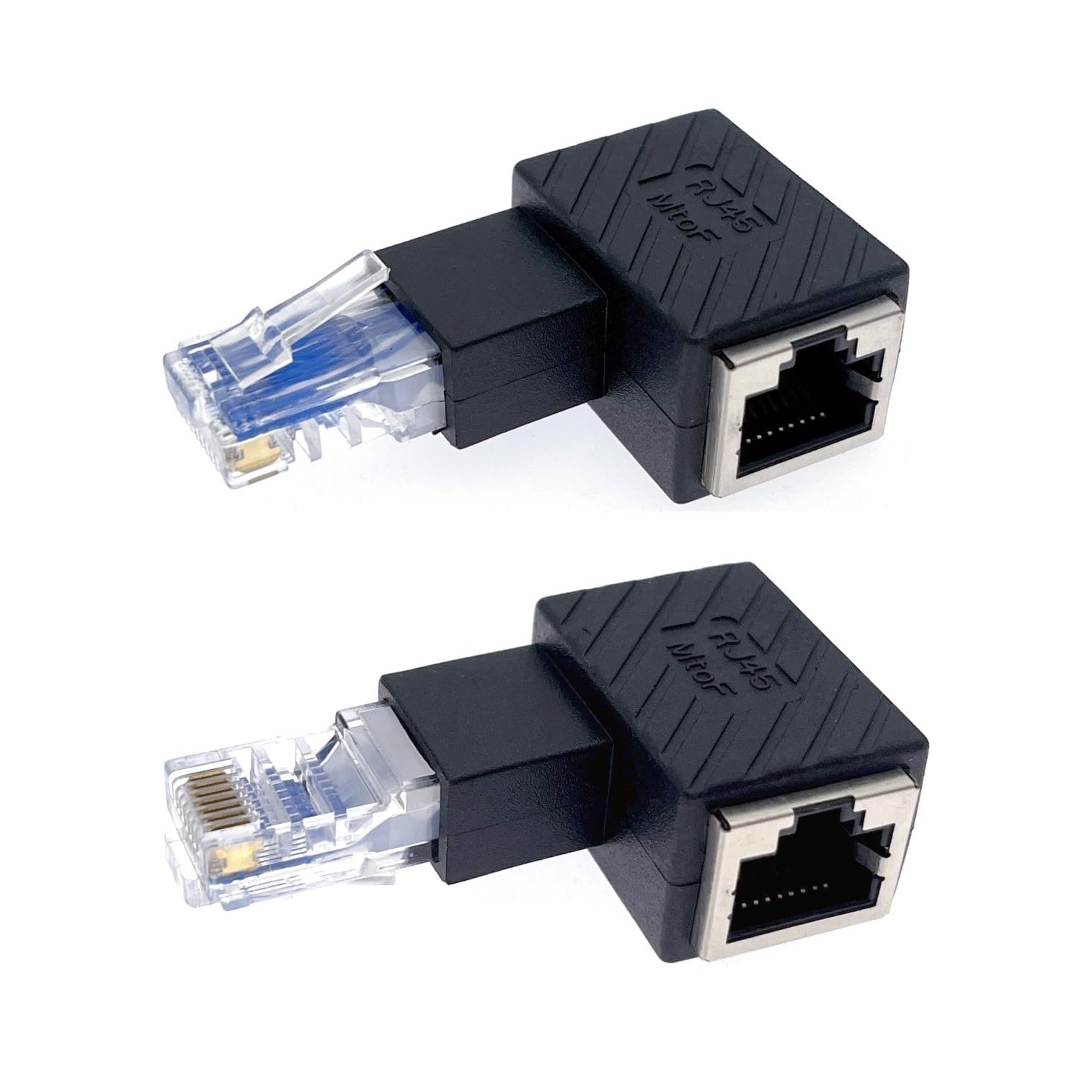JZK 2pcs, 1x right angled and 1x left angled RJ45 Male Plug to Female Socket Adapter, CAT5 CAT6 Ethernet LAN Adapter