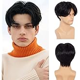 Swiking Men Wigs Short Black Straight Middle Part Synthetic Hair for Male Guy Halloween Cosplay Party Wigs with Cap (Black)