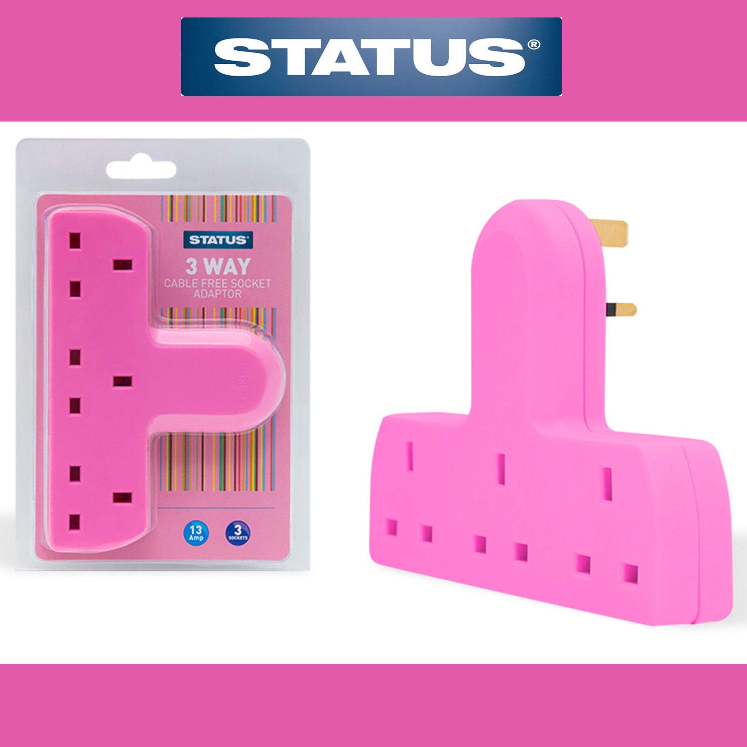 Status 3 Way or 4 Way Cable Free Socket Adaptor (3 Way Socket, Pink)