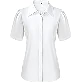 Gleeivy Button Down Shirts for Women Puff Short Sleeve Button Up Dress Shirts Collared Fitted Blouse Work Business Top