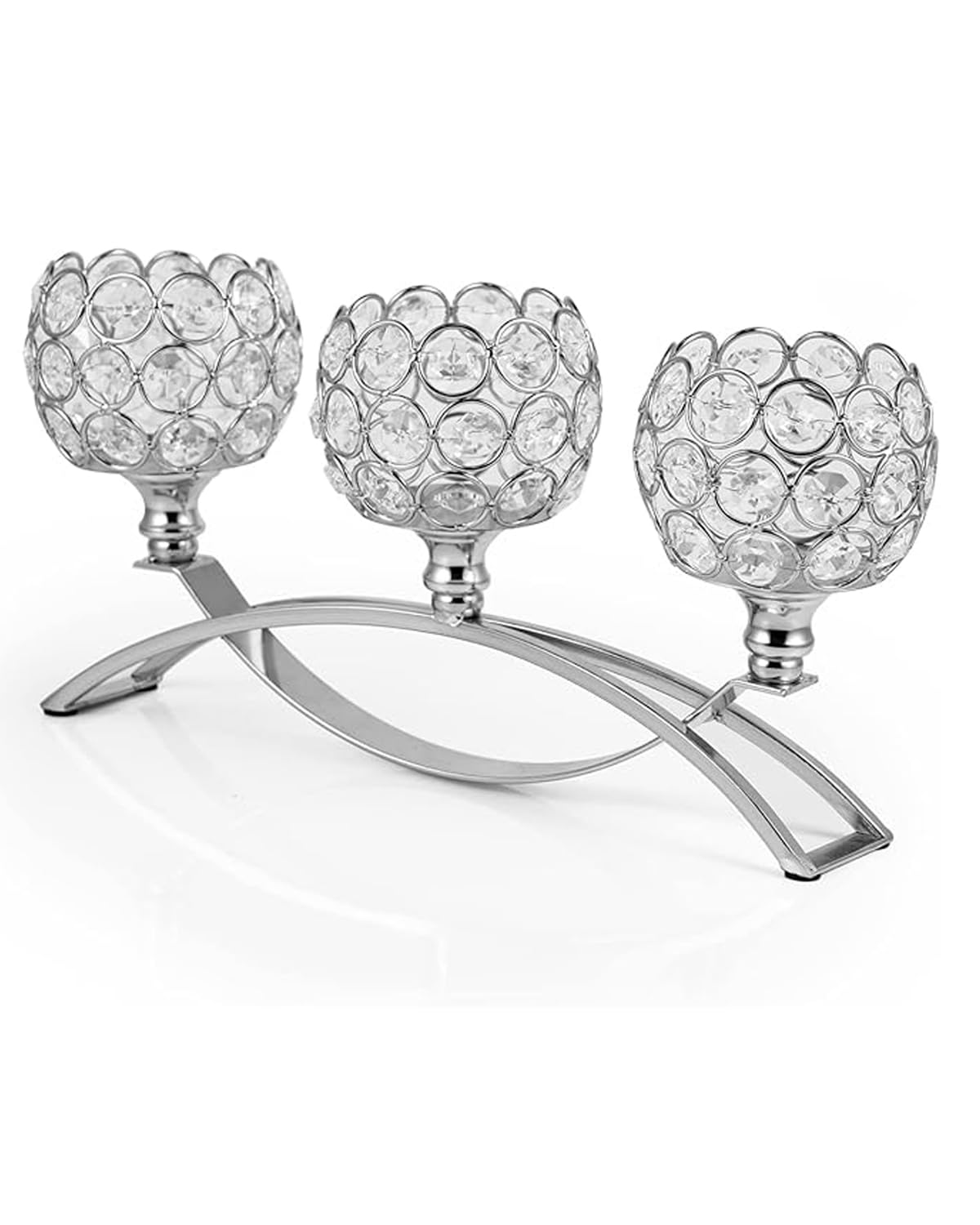 VINCIGANT 3 Arms Silver Candle Holders, Arch Crystal Tea Light Candelabra for Table Centrepieces, Wedding, Fireplace, Dining Table, Living Room Decoration, Anniversary Present
