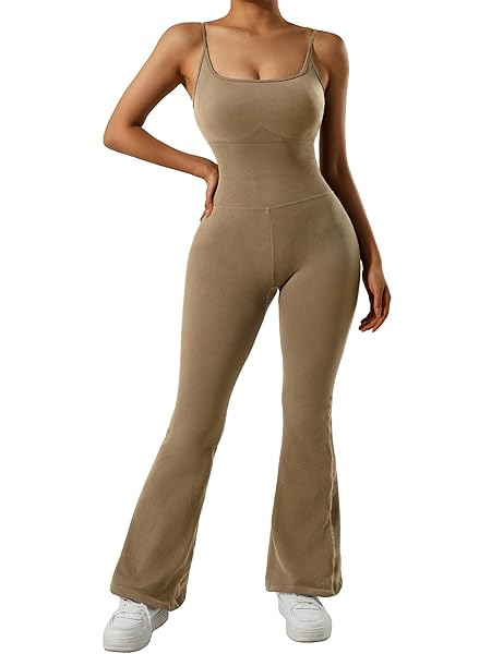 MOOSLOVER WOMEN RIBBED ONE PIECE FLARE JUMPSUITS SLEEVELESS SQUARE NECK TANK TOPS ROMPERS(XL,COFFEE)