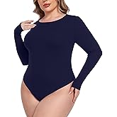 COOTRY Plus Size Crew Neck Bodysuits for Women Long Sleeve Body Suit Basic Slim Fit Bodysuit Leotard Tops