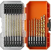 Klein Tools 53621 21-Piece Titanium Drill Bit Set, Impact-Rated, 1/4-Inch Hex Shank, Cuts Metal, Plastic, Wood, 15 Unique Sizes