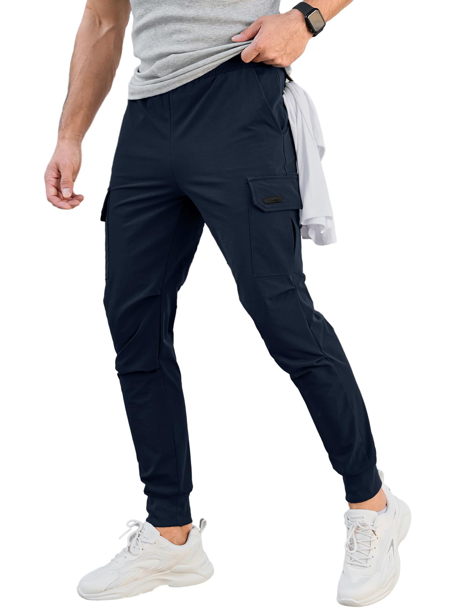 Photo 1 of Comdecevis Men's Cargo Jogger Pants Stretch Sweatpants Slim Fit Tactical Pants with Zipper Pockets Casual Trousers Blue Small