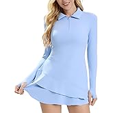 ECUPPER Womens Long Sleeve Tennis Dress Workout Athletic Golf Dresses Polo Outfits with Shorts & Thumbholes