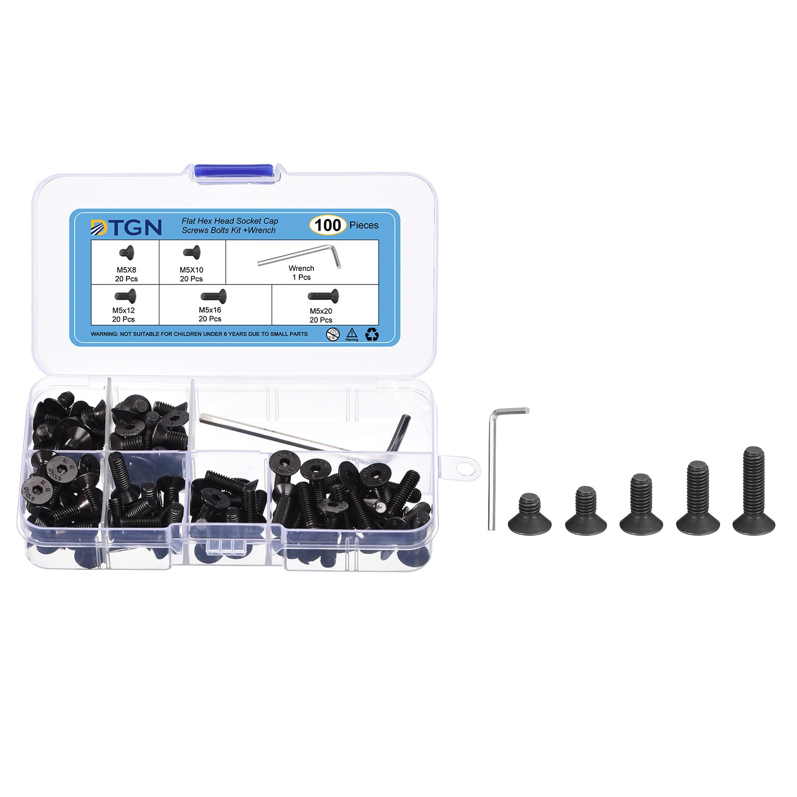 DTGN 100Pcs M5 x 8mm /10mm /12mm /16mm /20mm Flat Head Hex Socket Cap Screws Bolts Kit with Wrench, Carbon Steel Black Oxide, Full Thread, Countersunk Bolts