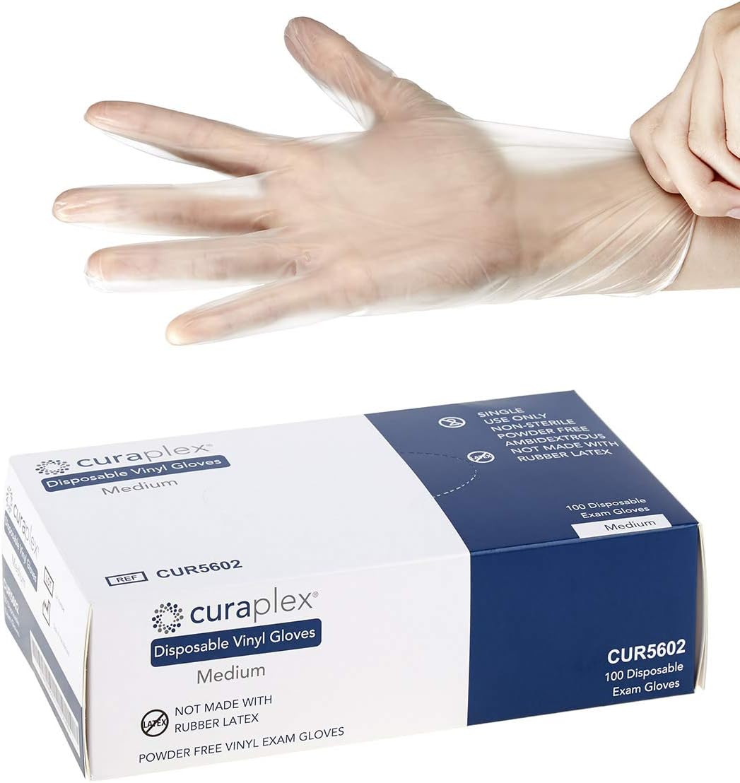 Curaplex Disposable Vinyl Gloves, Size Medium, Case of 1,000 Gloves (10 Boxes of 100), Powder-Free, Latex-Free - for Food Handling, Janitorial Applications & More