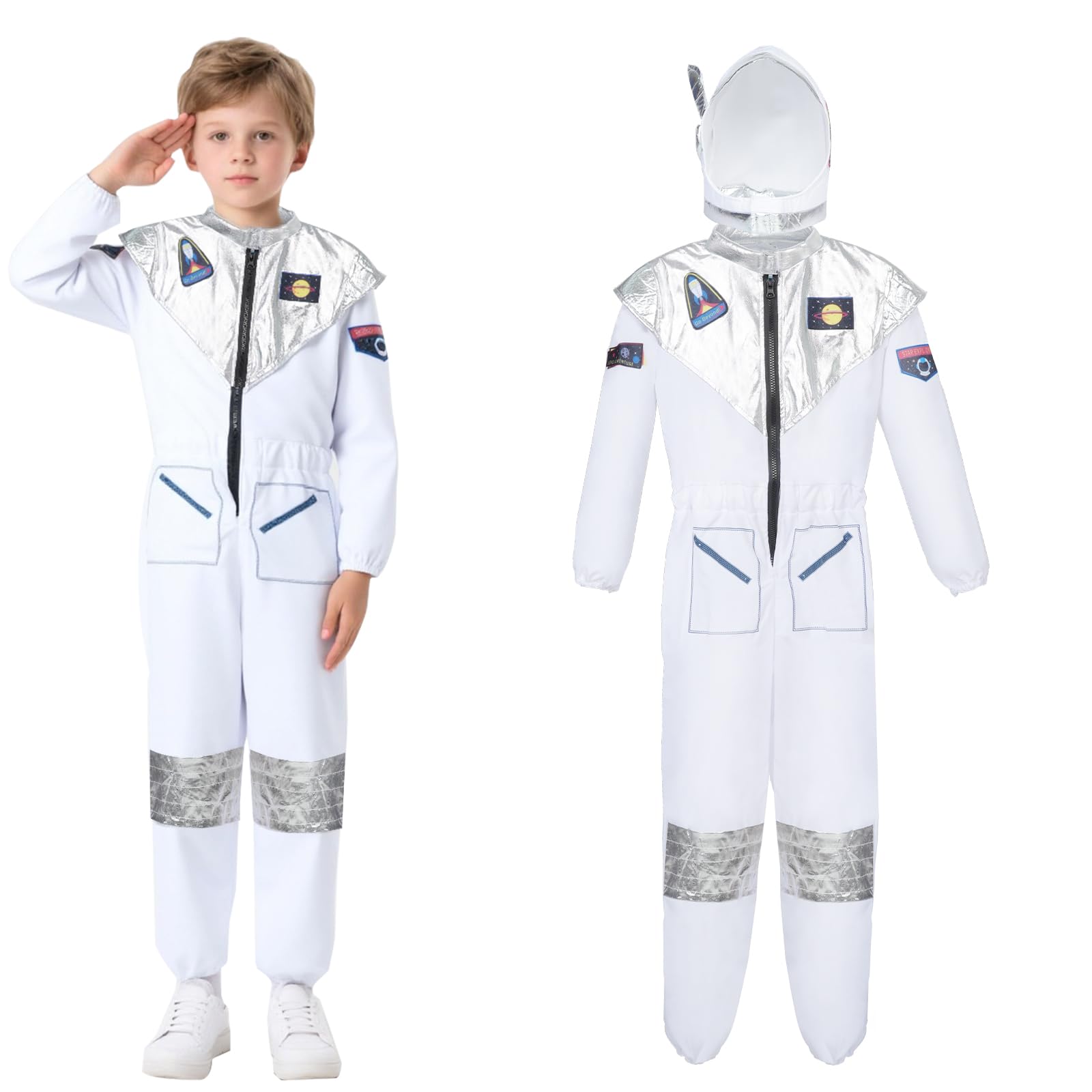 BSBUY Kids Astronaut Costume Unisex Astronaut Costume Cosplay Toys Space Adventure Outfit with Astronaut Helmet Spaceman Jumpsuit Fancy Dress for Girls or Boys World Book Day Christmas Gift(120)