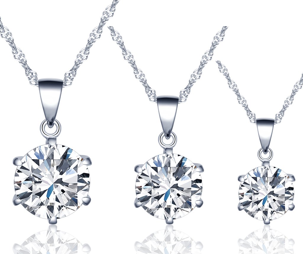 Infinite U Fashion Simple 925 Sterling Silver Cubic Zirconia 6 Claws Pendant Necklace for Women/Girls, Silver-3 Pcs