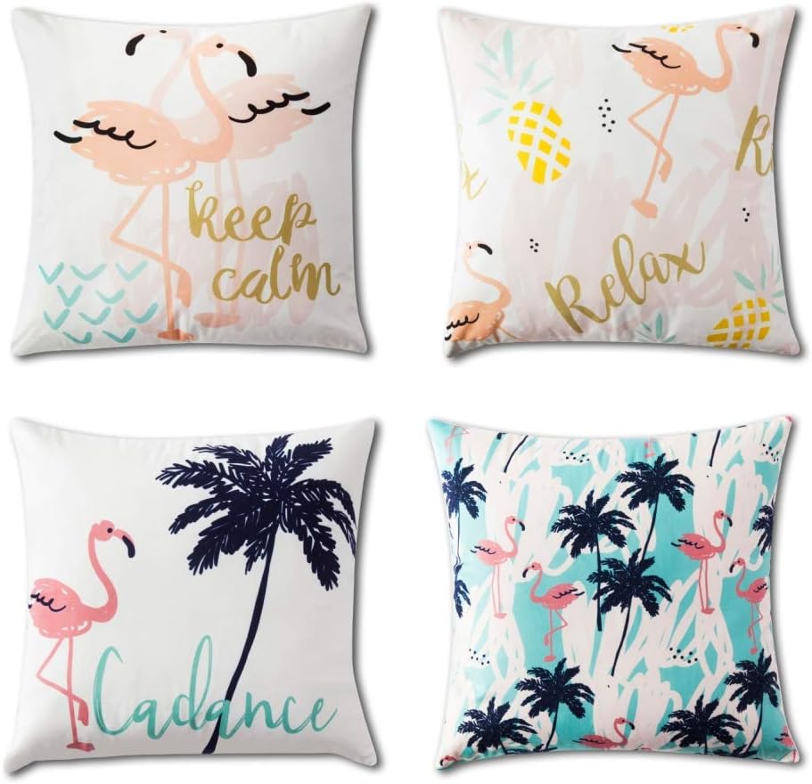 1758studio Decorative Throw Pillow Covers 18 x 18 inch Set of 2 Square Cushion Covers Palm Tree Beach Flamingo Cushion Covers Home Deco