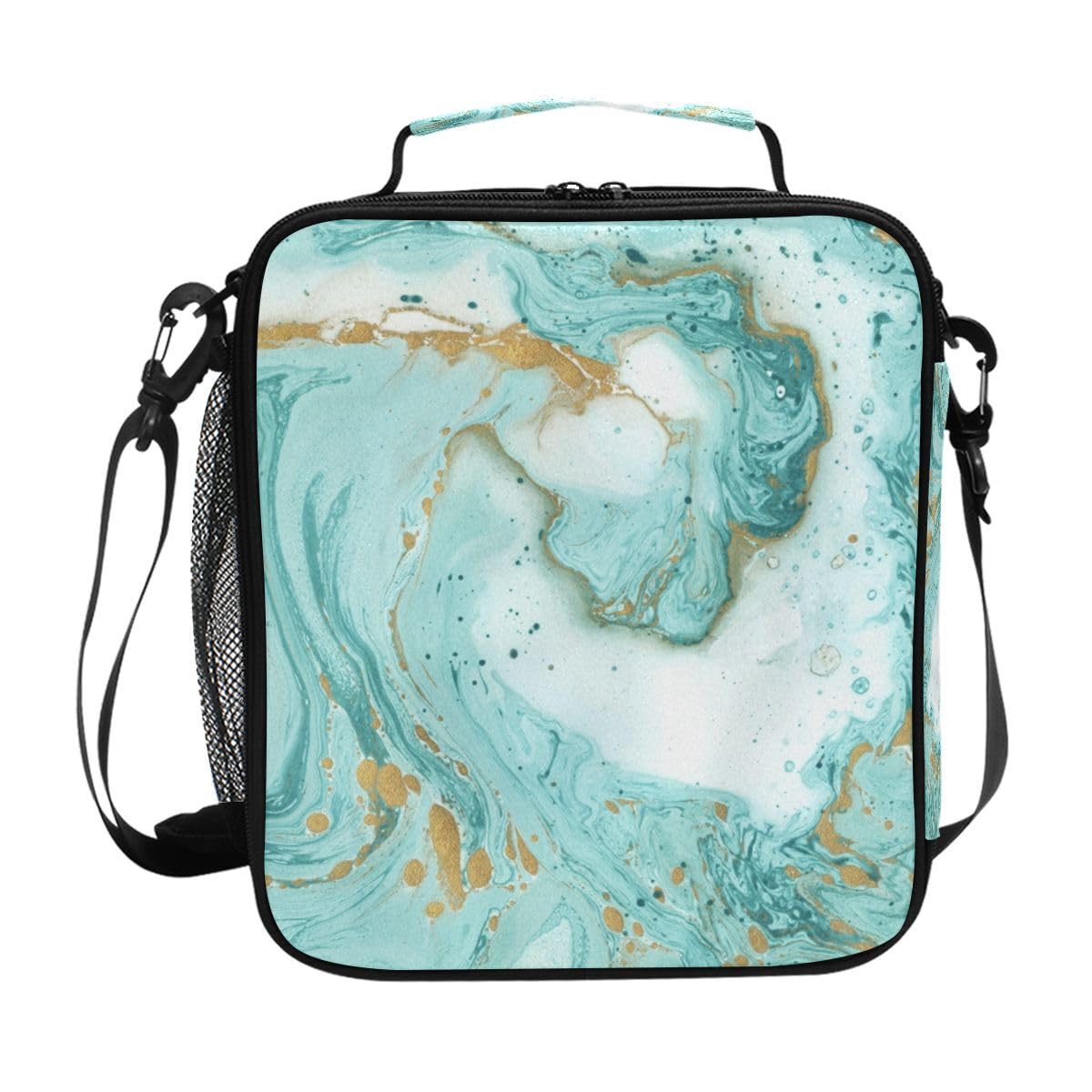 Lunch Bags for Kids Boys Girls Toddler, Turquoise Marble Texture Reusable Insulated Lunch Box, Lunch Cooler Bag Organizer with Adjustable Shoulder Strap