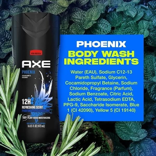 AXE BODY WASH PHOENIX 4 COUNT 12H REFRESHING SCENT CRUSHED MINT & ROSEMARY MEN’S BODY WASH WITH 100% PLANT-BASED MOISTURIZERS 16 OZ