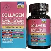 Collagen Peptides Types I, II, III, V & X, 64000 MCG, 14 in 1, Biotin, Keratin, Hyaluronic Acid, Magnesium, MSM, Grape Seed, Vitamin A C & E, Black Pepper, Quercetin, Folate, Zinc (90 Veggie Caps)