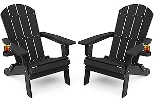 YEFU Adirondack Chair Set of 2, Folding Oversized Plastic Adirondack Chair with Cup Holder, Lawn Chair with Weather Resistant for Outdoor Deck Garden, Weight Capacity Up to 400 Lbs–Black