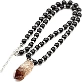 ElisaJewelryArt Natural Raw & Tumbled Crystal Pendant Necklace | Handmade Genuine Gemstone Jewelry with Black Onyx Beads & Hematite Spacers | Adjustable Unisex Statement Necklace Gift