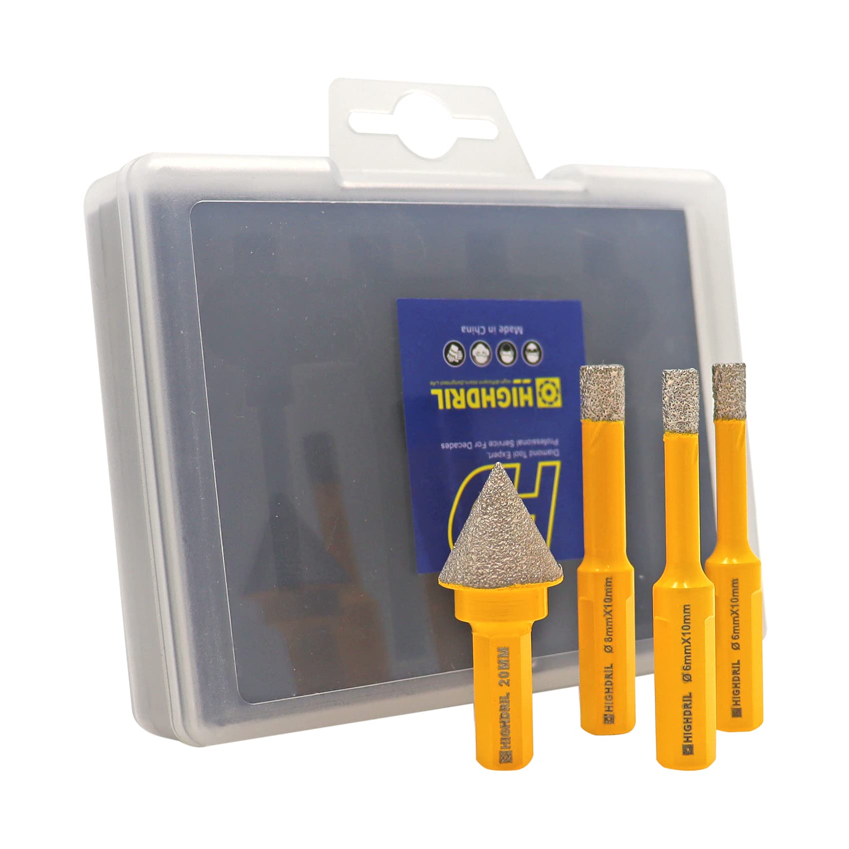 HIGHDRIL Diamond Drill Bit Set - 4pcs (6/6/8mm+20mm Hex Chamfer Bit) Diamond Hole Saw Kit for Ceramic Porcelain Tile Granite Marble Brick Dekton with Triangle Shank