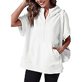 Fisoew Womens Oversized Half Zip Hoodies Short Sleeve Casual Sweatshirts Pullover Tops with Pockets