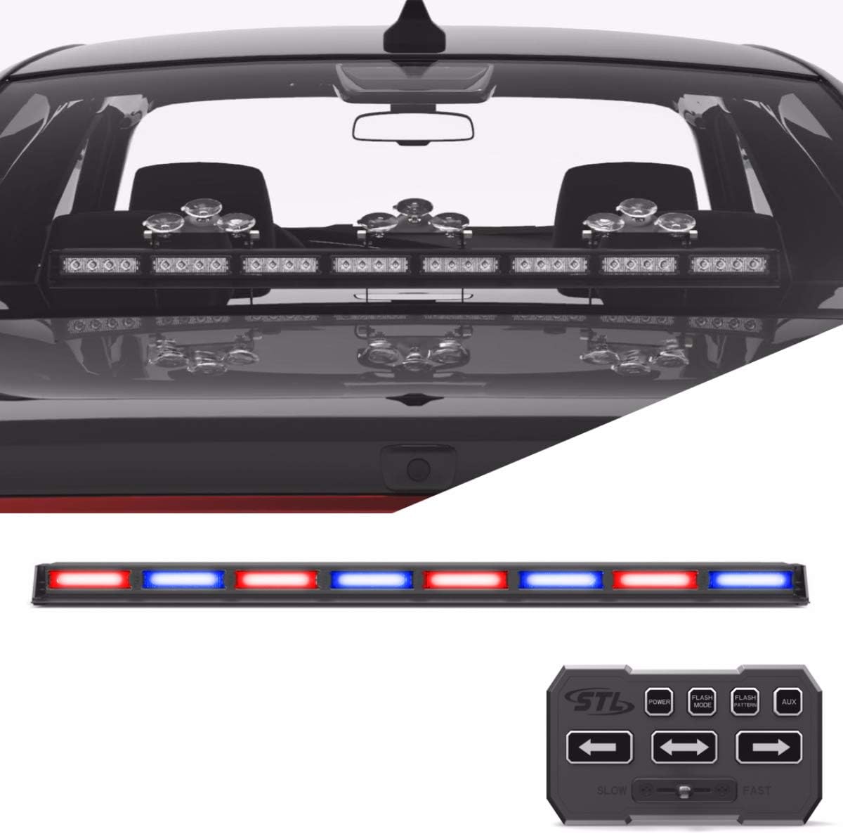 SpeedTech Lights Striker TIR 8 Head LED Traffic Advisor Windshield Mount Strobe Light Bar for Emergency Vehicles/Hazard Warning Directional Flashing w/Cig Plug/Control Box - Red/Blue Alternating