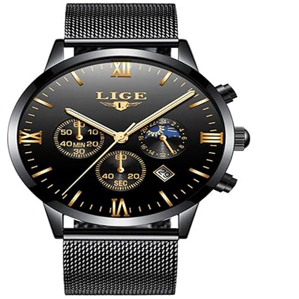 LIGE Japanese Quartz Stainless Steel Mesh Strap Chronograph Waterproof Wristwatch for Men LIGE9831M - Black Mesh