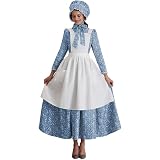 Girls Pioneer Colonial Costume - Floral Prairie Dress With Bonnet In Blue, Historical Dress-Up