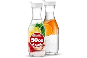 Party Bargains 50 oz. Plastic Carafe with Lids - Clear, 2 Count, White Flip Tab Lid Premium Quality & Heavy Duty Plastic Pitcher for Iced Tea, Powdered Juice, Cold Brew, Mimosa Bar