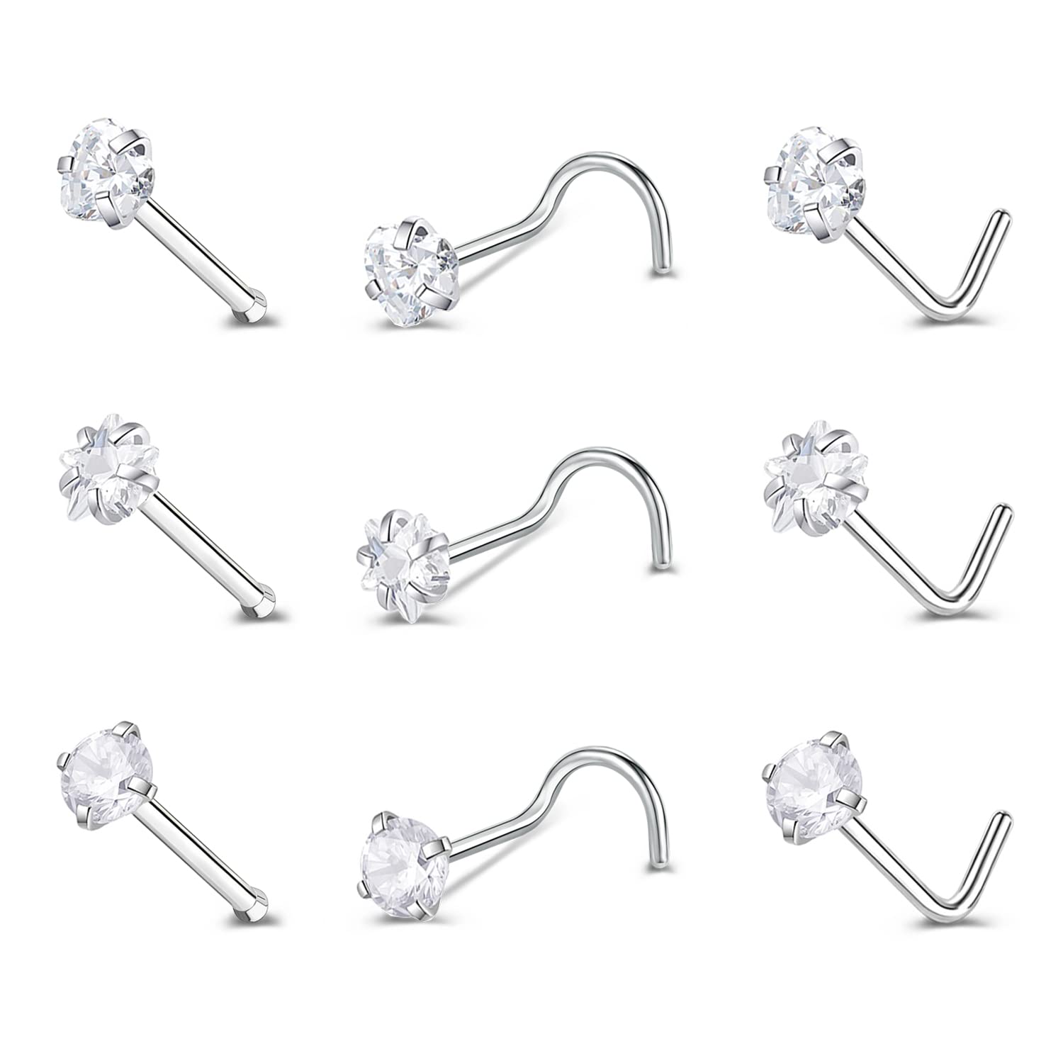 ZeSen Jewelry ZS 9-12PCS 20g Surgical Stainless Steel Nose Stud Ring Piercing Nose Bone/L Shaped/Nose Screws Rings Set (Mixed style(White))