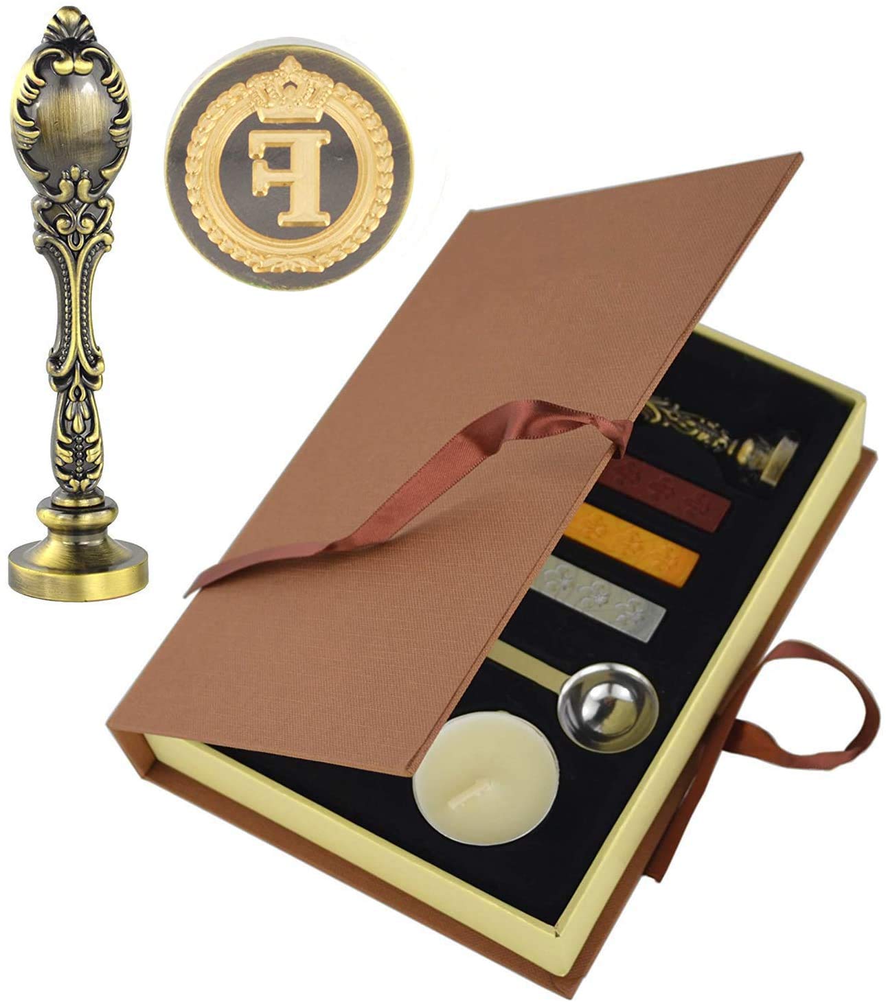 Hexint Vintage Initials Letter Wax Seal Stamp Kit，Retro Classical Sealing Wax Stamp with Metal Handle Gift Box Set Bronze Color(Letter F)