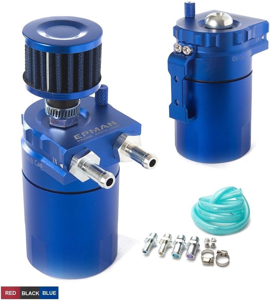 EPMAN TK-JYH08 Racing Baffled Aluminum 3-Port Oil Catch Can/Tank/Air-Oil Separator Universal (Blue)