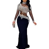 PORRCEY Women Sexy Elegant Rhinestone Mesh See Through Evening Dresses Party Club Night Clubwear