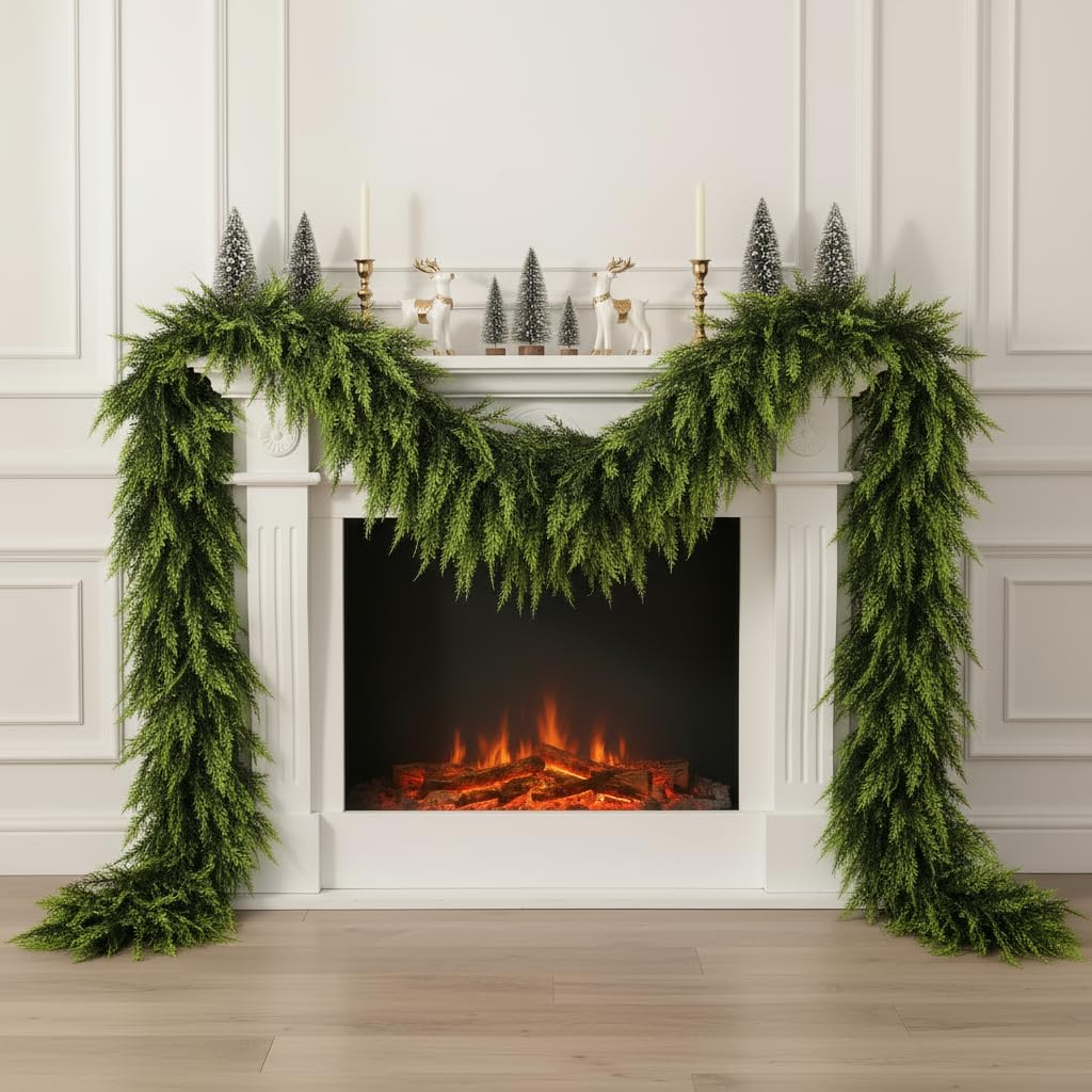 Photo 1 of 2 Pcs 9 FT Christmas Cedar Garland, Real Touch Soft & Thickness Greenery Pine Garland for Mantle Table Fireplace Outdoor Indoor Christmas Decorcorations