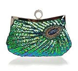 Latest Fashion Stylish Women Full Shining Sequins Beaded Rhinestone Peacock Embroidery Clutch Purse Handbag Evening Bag Hard Case with Rhinestone Studded Clip Closure for Lady with Metal Shoulder Straps-Blue