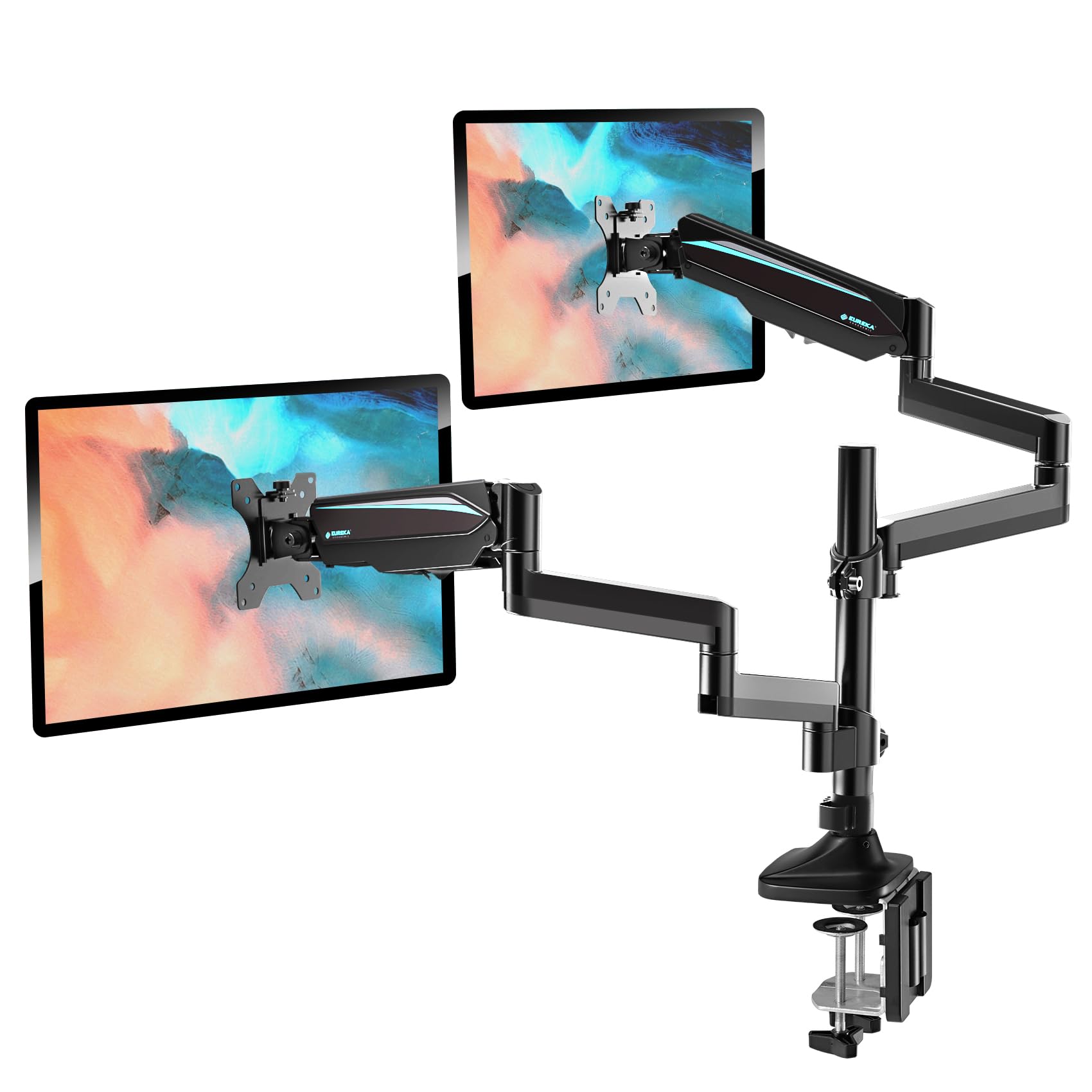 Photo 1 of EUREKA ERGONOMIC Dual Monitor Stand, Fully Adjustable Gas Spring Double Monitor Arms for PC Computer Screen 13 to 32 inch up to 17.6 LBS W VESA 75x75mm,100x100mm C Clamp Grommet Base, Black