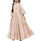 Girls Boho Dresses 3/4 Sleeve V-Back Lace Flower Crew Neck Tiered Ruffle Swing Party Maxi Dress